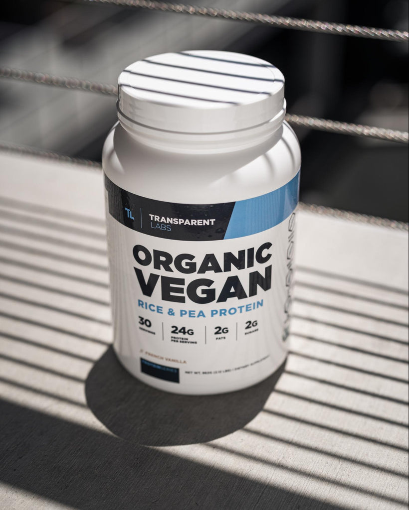 a jar of organic vegan rice and pea, keto protein powder